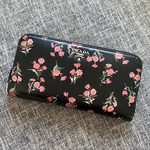 Prada Black FLoral Saffiano Leather Long Zipper Wallet